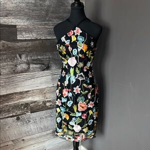 VENUS Pink and Yellow Sheath Cocktail Dress Sleeveless Halter Midi
